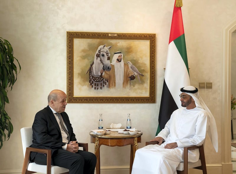 ABU DHABI, UNITED ARAB EMIRATES - October 28, 2019: HH Sheikh Mohamed bin Zayed Al Nahyan, Crown Prince of Abu Dhabi and Deputy Supreme Commander of the UAE Armed Forces (R), meets with HE Jean-Yves Le Drian, Minister of Europe and Foreign Affairs of France (L).

( Mohamed Al Hammadi / Ministry of Presidential Affairs )
---