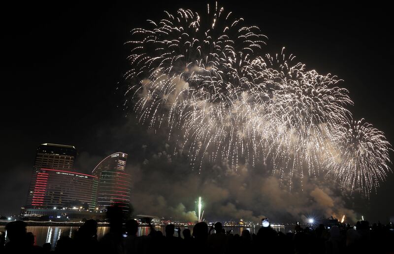 Fireworks go off for the UAE's 51st National Day at Festival Bay, Dubai. Chris Whiteoak / The National