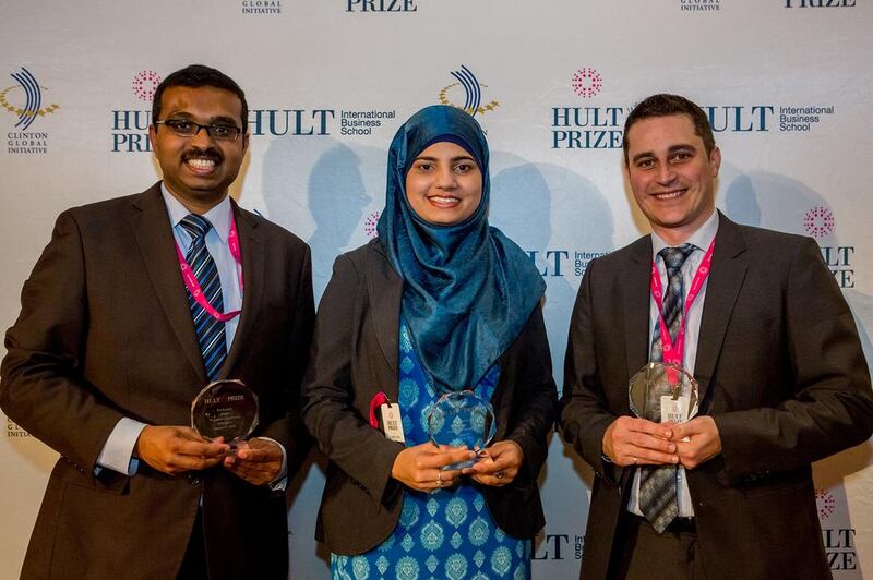 Team Attallo's Hult prizewinners Lak Chinta, left, Aisha Bukhari, and Peter Cinat. The trio will now prepare for the grand final in New York later this year. Courtesy Nick Cooper at Seven Media