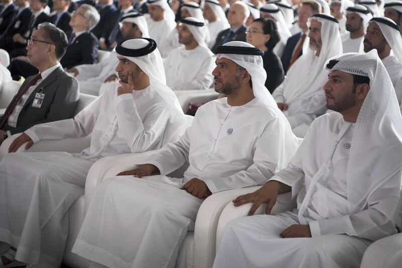 AL DHAFRA, ABU DHABI, UNITED ARAB EMIRATES - March 26, 2018: HE Abduallah Al Nuami, UAE Ambassador to South Korea (R), HE Awaidha Murshed Al Murar, Chairman of the Department of Energy and Abu Dhabi Executive Council Member (2nd R) and HE Dr Thani Al Zeyoudi UAE Minister for Climate Change and Environment (3rd R), attend the Unit One Construction Completion Celebration at Barakah Nuclear Energy Plant. 

( Abdullah Al Junaibi )
---