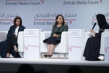 Mina Al-Oraibi, editor-in-chief at The National, speaks at the Emirati Media Forum in Dubai. Navin Khianey for The National
