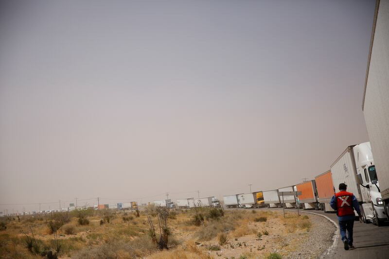 Lorries wait in a queue to cross into the United States as Mexican truck drivers block the Jeronimo-Santa Teresa International Bridge. Reuters