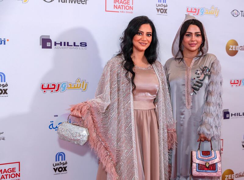 Dubai, United Arab Emirates, May 21, 2019.    Premiere of Image Nation’s latest, Rashid and Rajab.  Red carpet,  “celebs” and bigwigs. --   (L-R)  Fatima Al Taye and Neven Madi on the red carpet.
Victor Besa/The National
Section:  A&L
Reporter:  Chris Newbould