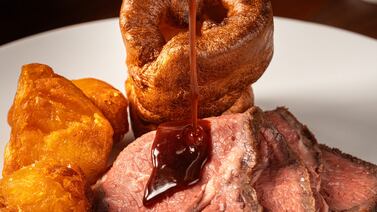 The Hereford sirloin is served with Yorkshire pudding, horseradish cream and beef gravy. Photo: Dinner by Heston Blumenthal
