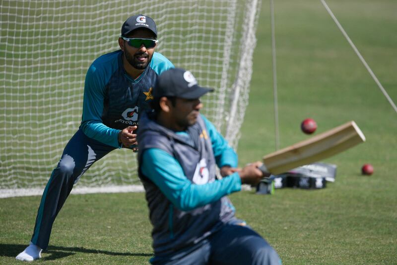 Pakistan's captain Babar Azam, left, during training in Rawalpindi on Sunday. AFP