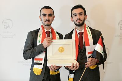 Abdulrahman Neshat and Mohammed Ali, both 16, from Iraq, winners of the Zayed Sustainability Prize in the Global High Schools category. Khushnum Bhandari / The National