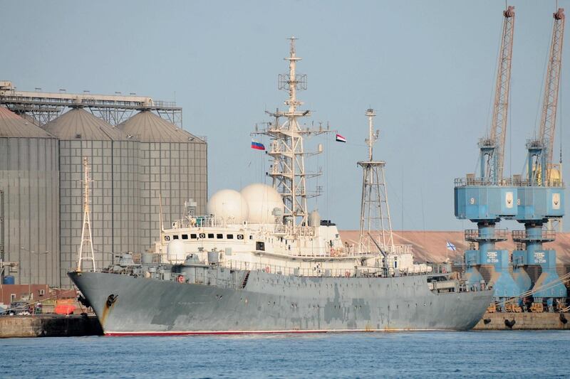 The Russian navy intelligence collection ship Ivan Khurs is docked at the port of the Sudanese city of Port Sudan, on April 27, 2021.  / AFP / Ibrahim ISHAQ
