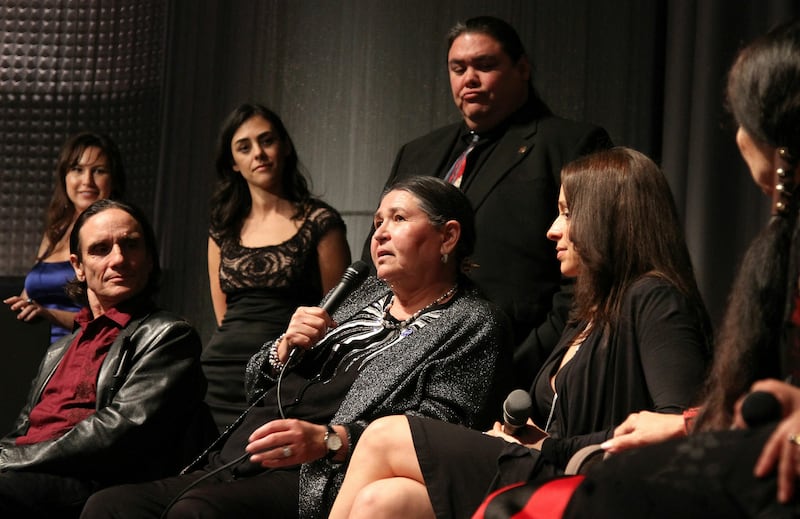 Littleweather (with the mic) attends the Q&A at the SAG President's National Task Force For American Indians and NBC Universal premiere screening Of "Reel Injun" and "American Indian Actors" at LA Skins Fest on November 20, 2010 in Los Angeles, California. AFP