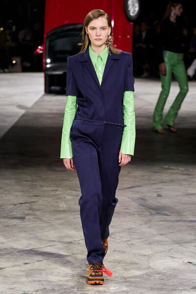 A collared shirt and jumpsuit at Off-White autumn / winter 2020. Courtesy Off-White