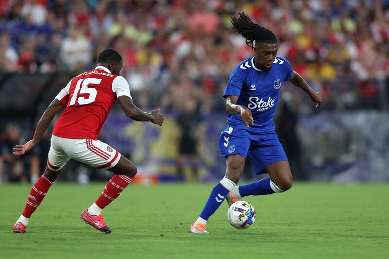 Alex Iwobi takes on Arsenal full-back Ainsley Maitland-Niles during a pre-season friendly at M&T Bank Stadium. Getty