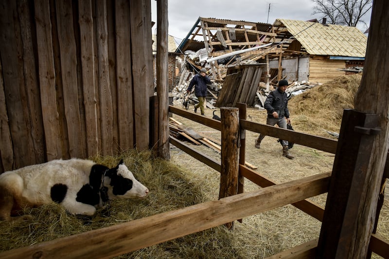 Local residents clean the area around a destroyed farm in Kukhari. EPA