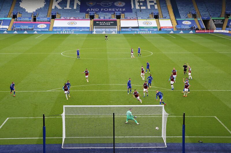 Harvey Barnes of Leicester City scores a goal which is ruled out by VAR. Getty