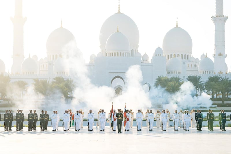 ABU DHABI, UNITED ARAB EMIRATES - November 30, 2017: Members of UAE Armed Forces stand to attention during 21 gun salute whilst participating in a  Commemoration Day ceremony at Wahat Al Karama, a memorial dedicated to the memory of UAE’s National Heroes in honour of their sacrifice and in recognition of their heroism.


( Rashed Al Mansoori / Crown Prince Court - Abu Dhabi )
---