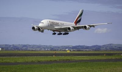 An Emirates Airbus A380 touching down in Auckland. Photo: Emirates / AFP