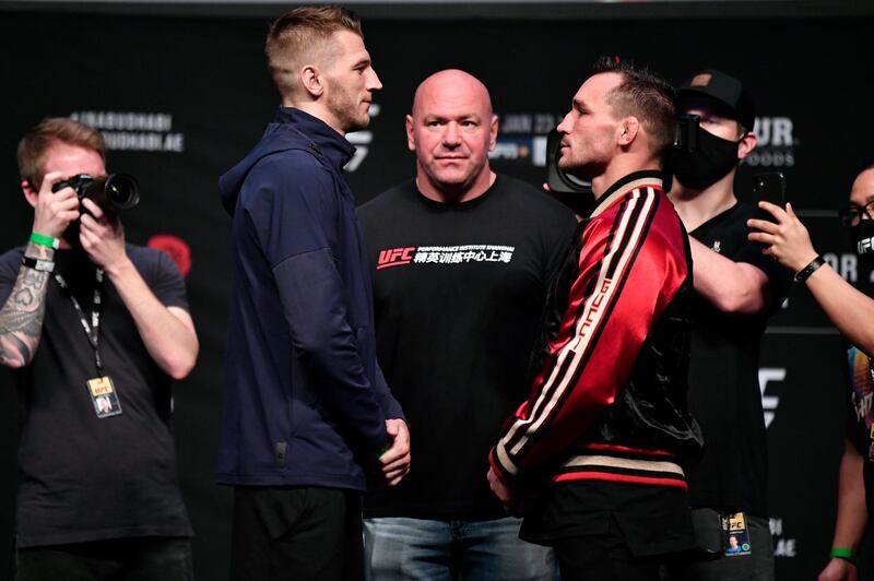 ABU DHABI, UNITED ARAB EMIRATES - JANUARY 21:  (L-R) Opponents Dan Hooker of New Zealand and Michael Chandler face off during the UFC 257 press conference event inside Etihad Arena on UFC Fight Island on January 21, 2021 in Yas Island, Abu Dhabi, United Arab Emirates. (Photo by Jeff Bottari/Zuffa LLC via Getty Images)