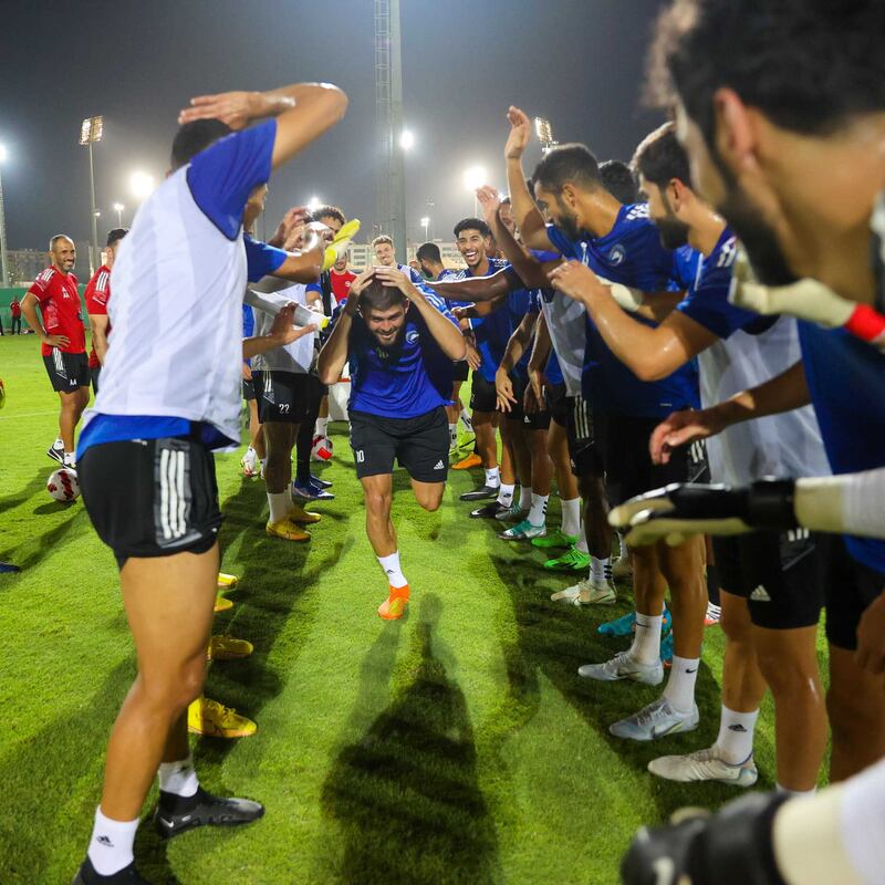 Miralem Pjanic is welcomed to training by his Sharjah teammates. Photo: Sharjah FC