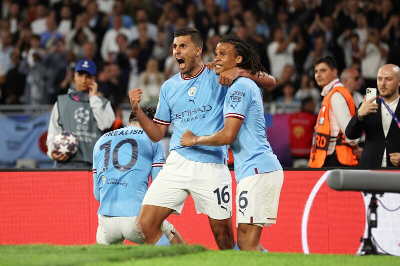 Rodri after scoring the opening goal for Manchester City. Getty