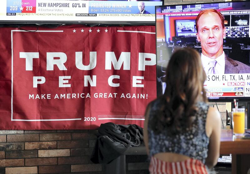 Dubai, United Arab Emirates - Reporter: Nick Webster. News. USA Election. People watch as the polls come in at Trump International Golf Club, Dubai. Wednesday, November 4th, 2020. Dubai. Chris Whiteoak / The National