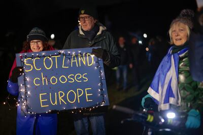 Anti-Brexit campaigners at a procession to the Scottish Parliament on the third anniversary of Brexit on January 31, in Edinburgh, Scotland. Getty 