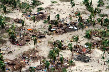 Badly damaged communities are seen from an aerial view, in Macomia district, Mozambique, on Saturday, April 27, 2019. AP