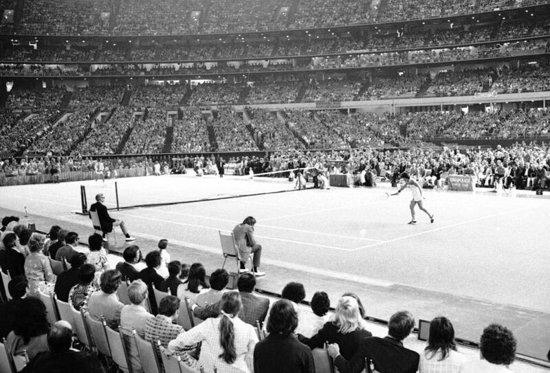 Billie Jean King’s match with Bobby Riggs, left, packed in over 30,000 to the Astrodome in Houston and attracted a huge television audience. AP Photo

