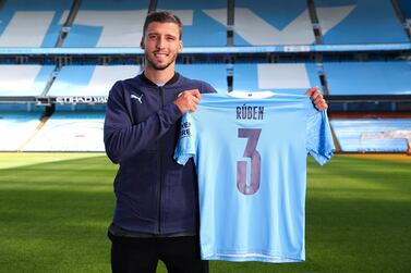 MANCHESTER, ENGLAND - SEPTEMBER 29: Manchester City unveil new signing RÃºben Dias at the Etihad Stadium on September 29, 2020 in Manchester, England. (Photo by Matt McNulty - Manchester City/Manchester City FC via Getty Images)