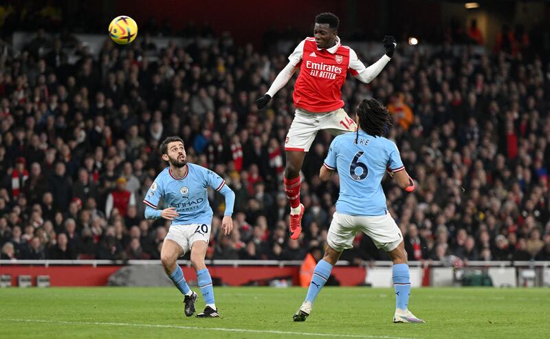 Arsenal attacker Eddie Nketiah heads a chance wide in the first-half. EPA