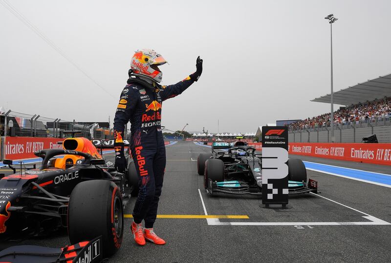 Red Bull's Max Verstappen celebrates after securing pole position for the French Grand Prix on Saturday, June 19. Reuters