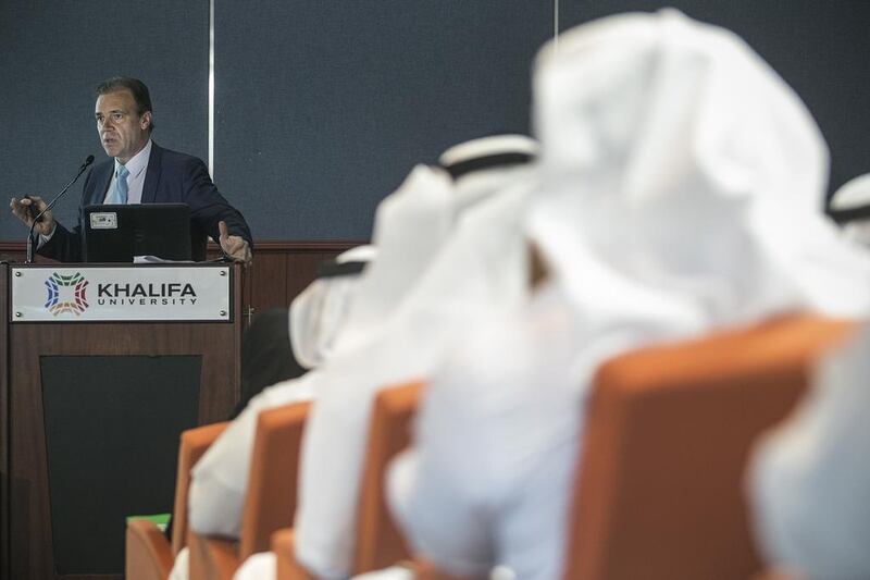 Gustavo Caruso, IAEA Director of Safety and Security Coordination, addresses Tuesday’s seminar reviewing changes to the Barakah nuclear power plant. Mona Al Marzooqi / The National