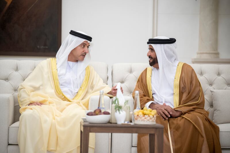 Sheikh Mansour bin Zayed, Vice President, Deputy Prime Minister and Minister of the Presidential Court, and Sheikh Khaled bin Mohamed bin Zayed, Crown Prince of Abu Dhabi, on Friday received at Mushrif Palace, crown princes and deputy rulers of the emirates, as well as other sheikhs and well-wishers, who came to greet them on Eid Al Fitr. 