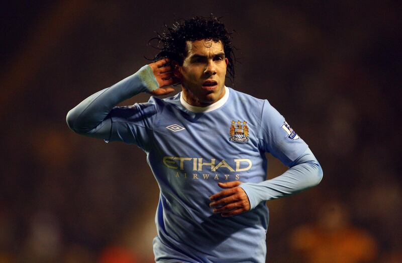 WOLVERHAMPTON, ENGLAND - DECEMBER 28:  Carlos Tevez of Manchester City celebrates after scoring the third goal during the Barclays Premier League match between Wolverhampton Wanderers and Manchester City at Molineaux on December 28, 2009 in Wolverhampton, England.  (Photo by Stu Forster/Getty Images)