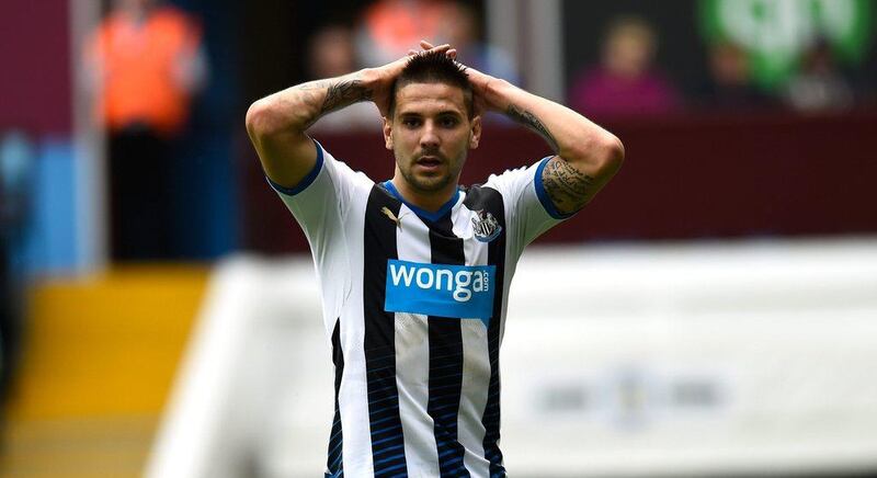 Newcastle United player Aleksander Mitrovic reacts after spurning a chance against Aston Villa in the Premier League on Saturday. Stu Forster / Getty Images / May 7, 2016 