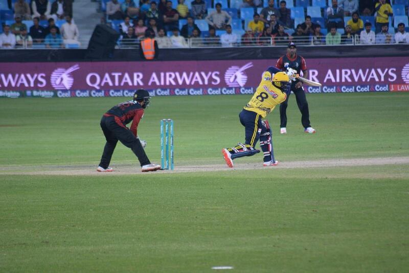 A Peshawar Zalmi batsman plays a shot against Lahore Qalandars on Saturday in the Pakistan Super League. Photo Courtesy / PSL