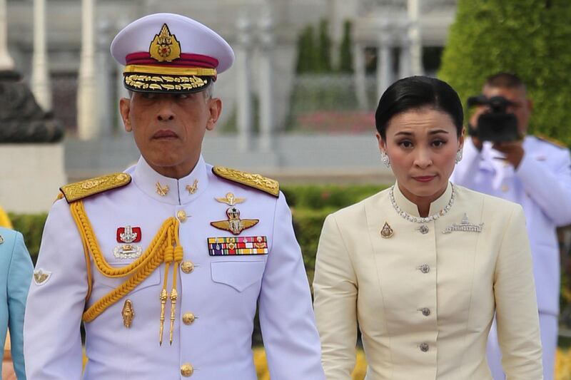 Thailand's King Maha Vajiralongkorn and Queen Suthida leave after paying their respect at the statue of King Rama V at the Royal Plaza in Bangkok, Thailand, May 2, 2019. REUTERS/Stringer       NO RESALES. NO ARCHIVES.