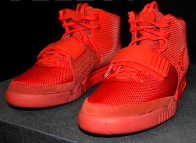 a pair of Air Yeezy II Red October limited edition sneakers desgined by Kanye West.
no credit