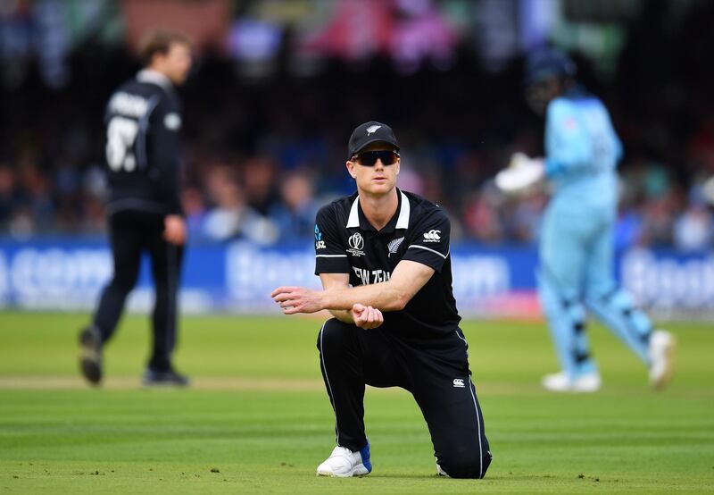 LONDON, ENGLAND - JULY 14: Jimmy Neesham of New Zealand reacts during the Final of the ICC Cricket World Cup 2019 between New Zealand and England at Lord's Cricket Ground on July 14, 2019 in London, England. (Photo by Clive Mason/Getty Images)