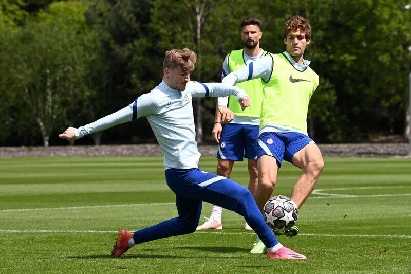 COBHAM, ENGLAND - MAY 27:  Timo Werner and Marcos Alonso of Chelsea during a training session at Chelsea Training Ground on May 27, 2021 in Cobham, England. (Photo by Darren Walsh/Chelsea FC via Getty Images)