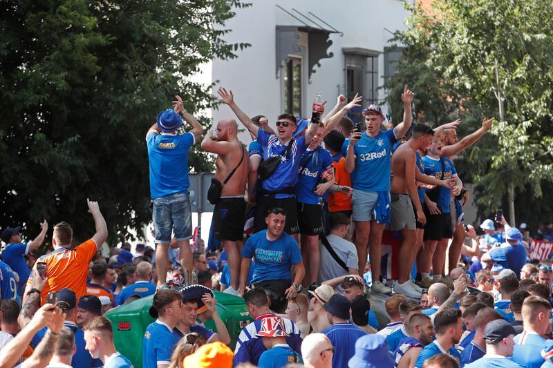 Glasgow Rangers supporters in downtown Seville before the Europa League final against Eintracht Frankfurt on May 18. AP