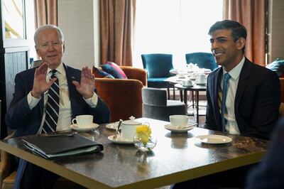 US President Joe Biden meets British Prime Minister Rishi Sunak at the Grand Central Hotel, in Belfast, Northern Ireland, on April 12. Reuters