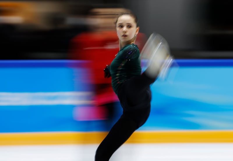 Figure skater Kamila Valieva of the Russian Olympic Committee in action during a practice session at the Beijing 2022 Olympic Games, Beijing, China, 14 February 2022. EPA
