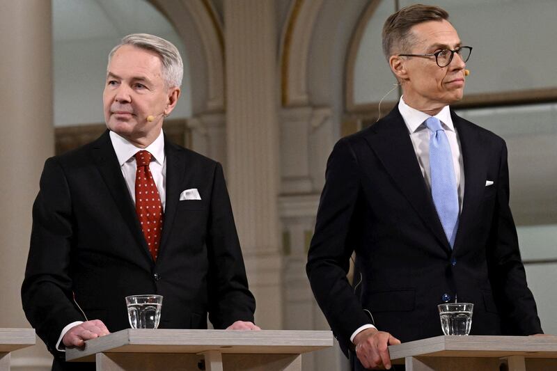 Finnish former foreign minister Mr Haavisto, left, and former prime minister Mr Stubb in an election night debate at the City Hall in Helsinki, Finland, after the first round of the presidential election. AFP