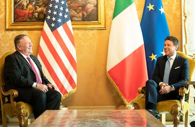 epa08708038 A handout photo made available by the Chigi Palace Press Office shows Italian Premier Giuseppe Conte (R) during his meeting with US Secretary of State Mike Pompeo at Chigi Palace in Rome, Italy, 30 September 2020.  EPA/Chigi Palace Press Office/ Filip HANDOUT  HANDOUT EDITORIAL USE ONLY/NO SALES