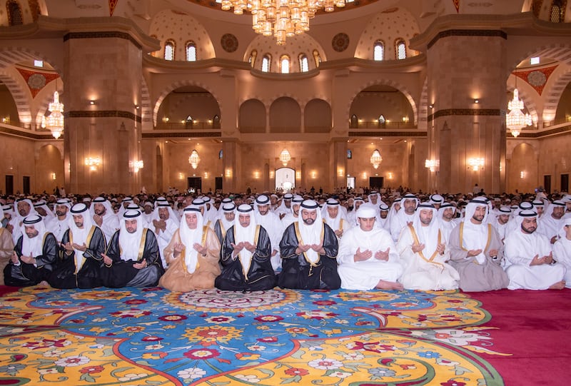 Sheikh Hamad bin Mohammed Al Sharqi, Ruler of Fujairah, performs Eid prayers at the Sheikh Zayed Grand Mosque in the emirate. Wam