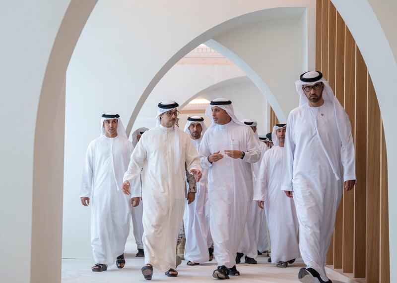 Sheikh Mansour, Dr Al Jaber and Mr Al Falasi during their tour of Expo City Dubai ahead of Cop28 