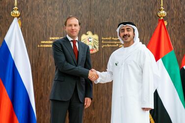 Sheikh Abdullah bin Zayed, Minister of Foreign Affairs and International Cooperation, and Denis Manturov, Russian Minister of Industry and Trade, co-chaired the UAE-Russia Joint Committee in Abu Dhabi on Sunday. Courtesy Wam