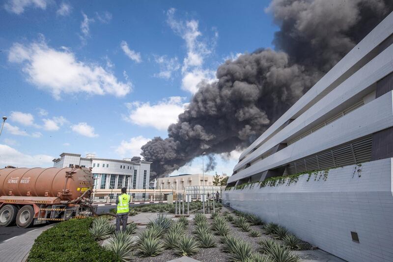 DUBAI, UNITED ARAB EMIRATES - Fire inside Jebel Ali port.  Leslie Pableo for The National