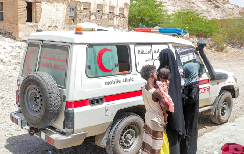 The Emirates Red Crescent's mobile clinic on the road in Hadramawt governorate, Yemen.