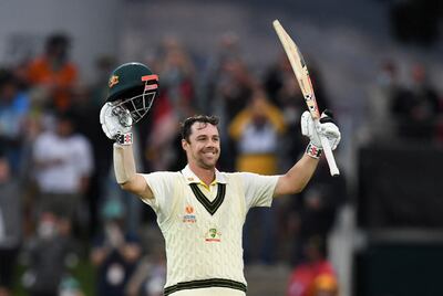 Australia's Travis Head celebrates after scoring a century in the fifth Test at Hobart. Reuters
