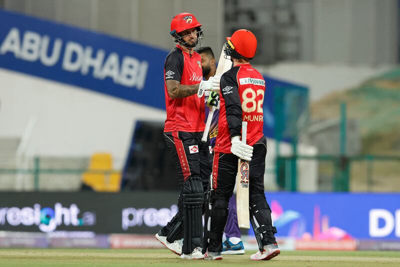 Alex Hales and Colin Munro of Desert Vipers during the match in Abu Dhabi on Friday. ILT20 / CREIMAS