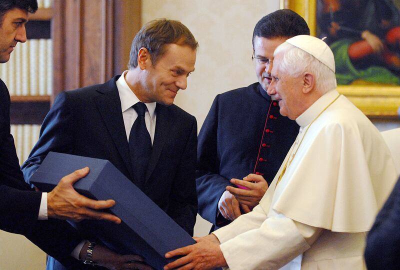 Pope Benedict XVI welcomes Mr Tusk to Vatican City in 2007. Getty Images
